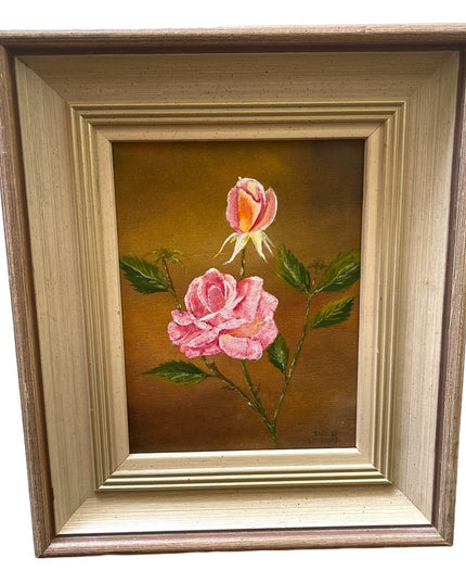 Vintage flower painting signed appx 1961 roses 11.5x13.5” Ornate wood frame