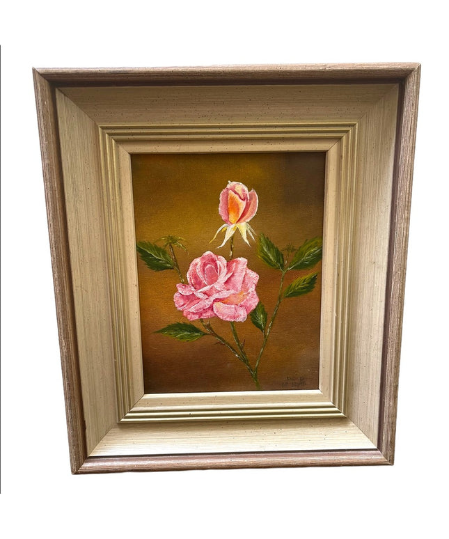 Vintage flower painting signed appx 1961 roses 11.5x13.5” Ornate wood frame