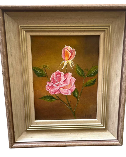 Vintage flower painting signed appx 1961 roses 11.5x13.5” Ornate wood frame
