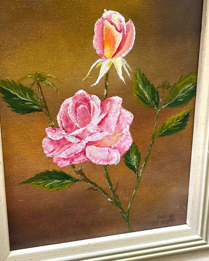 Vintage flower painting signed appx 1961 roses 11.5x13.5” Ornate wood frame