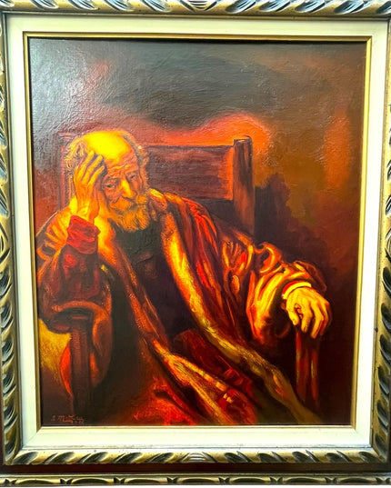 Vintage 1972 Man in an Arm chair Rembrant Repro Signed Oil painting canvas