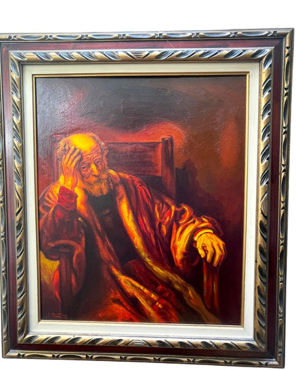 Vintage 1972 Man in an Arm chair Rembrant Repro Signed Oil painting canvas