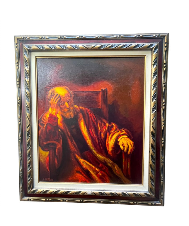 Vintage 1972 Man in an Arm chair Rembrant Repro Signed Oil painting canvas
