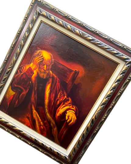 Vintage 1972 Man in an Arm chair Rembrant Repro Signed Oil painting canvas