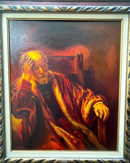 Vintage 1972 Man in an Arm chair Rembrant Repro Signed Oil painting canvas