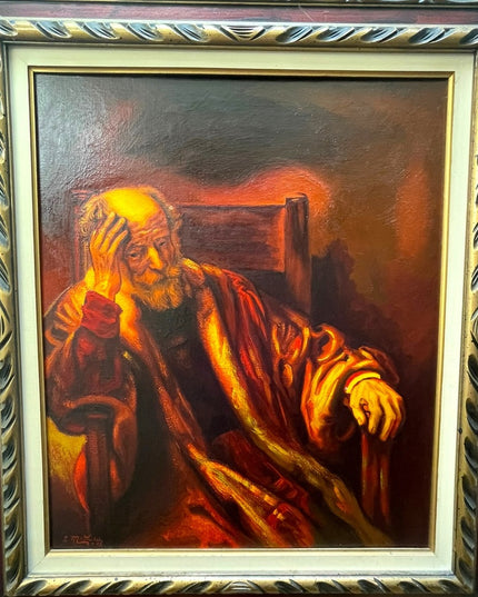 Vintage 1972 Man in an Arm chair Rembrant Repro Signed Oil painting canvas