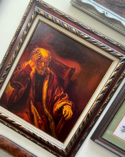 Vintage 1972 Man in an Arm chair Rembrant Repro Signed Oil painting canvas