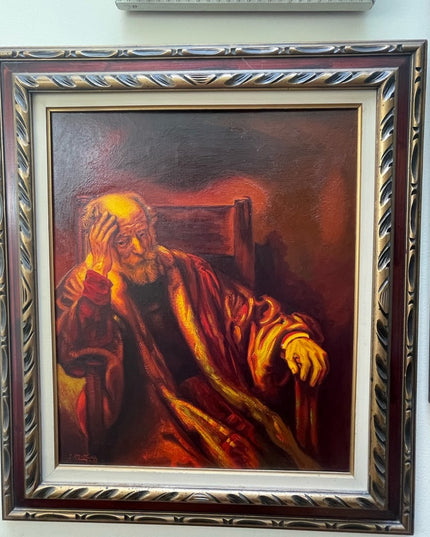 Vintage 1972 Man in an Arm chair Rembrant Repro Signed Oil painting canvas