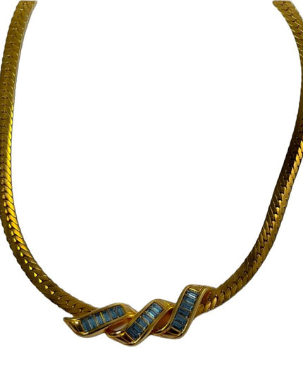 Vintage 1980s Swarovski authentic (SAL) blue Crystal gold choker necklace