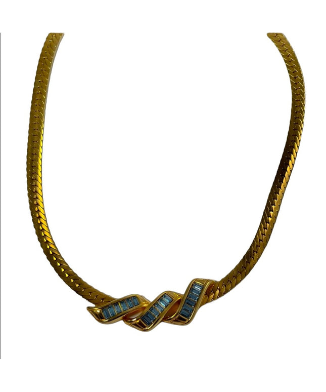 Vintage 1980s Swarovski authentic (SAL) blue Crystal gold choker necklace