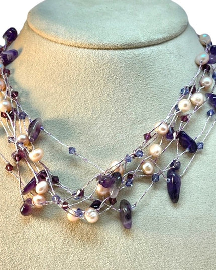 Sterling silver 925 real pearl amethyst stone multi strand necklace 💗 fa…
