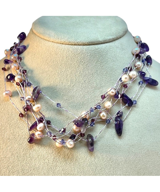 Sterling silver 925 real pearl amethyst stone multi strand necklace 💗 fa…