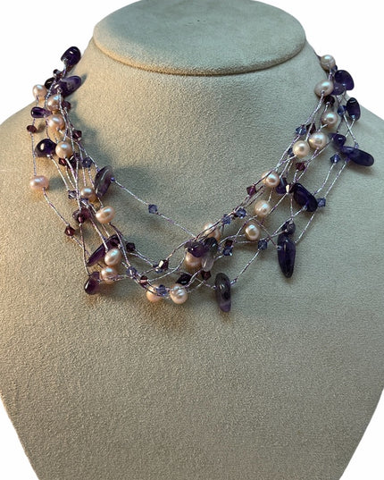 Sterling silver 925 real pearl amethyst stone multi strand necklace 💗 fa…