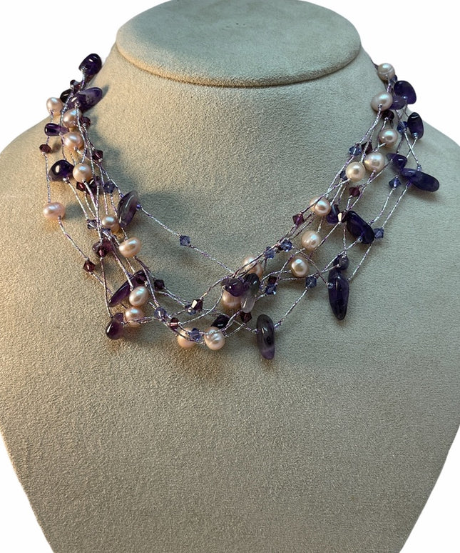 Sterling silver 925 real pearl amethyst stone multi strand necklace 💗 fa…