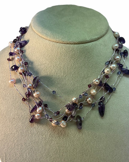 Sterling silver 925 real pearl amethyst stone multi strand necklace 💗 fa…