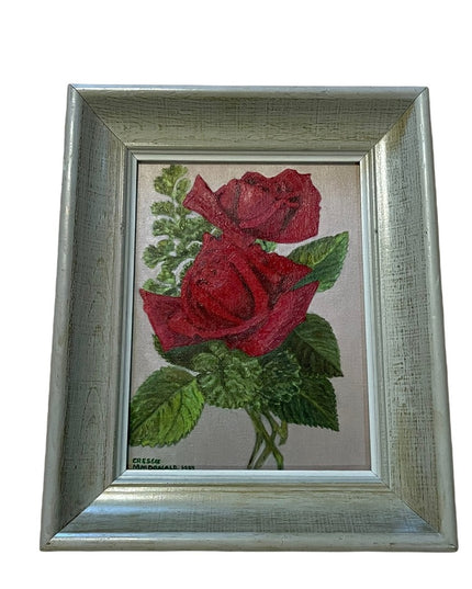 Vintage Beautiful flowers  signed oil painting on board roses wood frame
