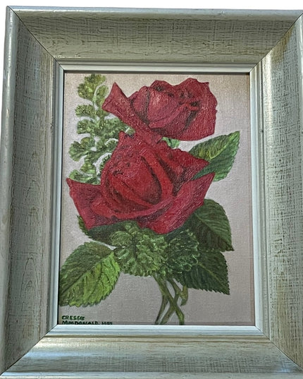 Vintage Beautiful flowers  signed oil painting on board roses wood frame
