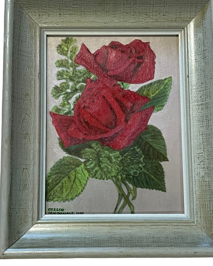 Vintage Beautiful flowers  signed oil painting on board roses wood frame