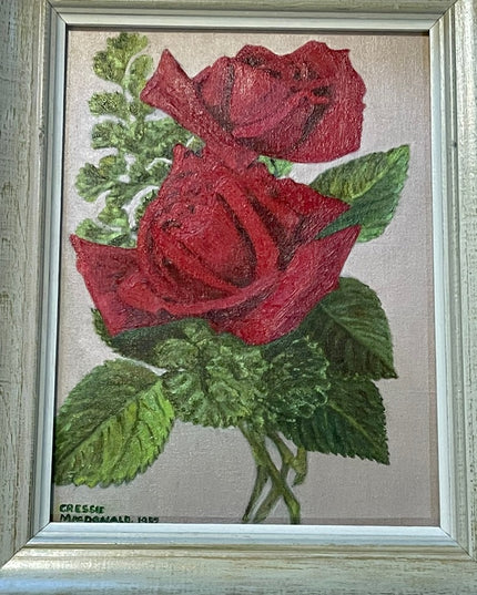 Vintage Beautiful flowers  signed oil painting on board roses wood frame