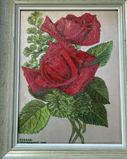 Vintage Beautiful flowers  signed oil painting on board roses wood frame