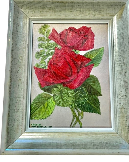 Vintage Beautiful flowers  signed oil painting on board roses wood frame