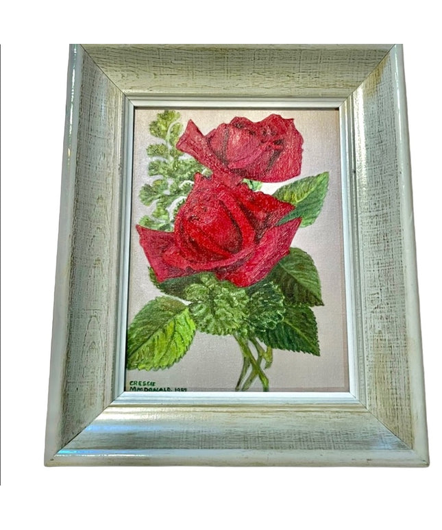 Vintage Beautiful flowers  signed oil painting on board roses wood frame