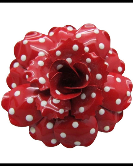 Fancy Joan Rivers Retired Red polka dot flower brooch in box