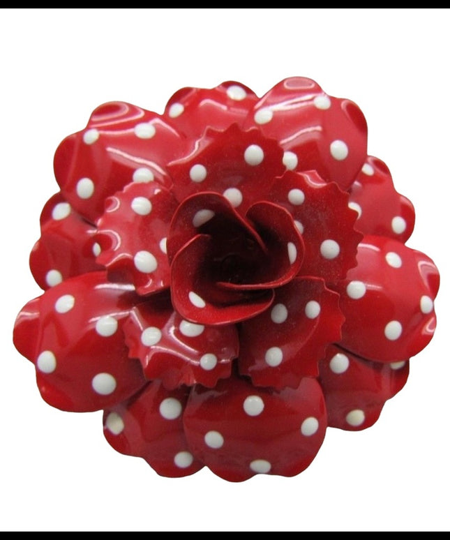 Fancy Joan Rivers Retired Red polka dot flower brooch in box