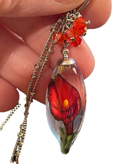 Vintage Murano Art glass Flower tear drop pendant necklace silver tone