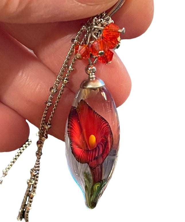 Vintage Murano Art glass Flower tear drop pendant necklace silver tone