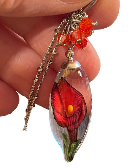 Vintage Murano Art glass Flower tear drop pendant necklace silver tone
