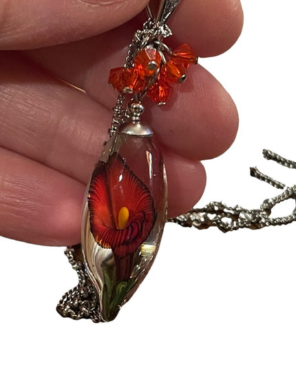 Vintage Murano Art glass Flower tear drop pendant necklace silver tone