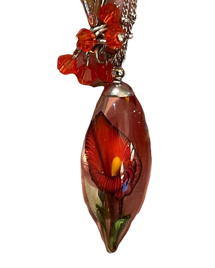 Vintage Murano Art glass Flower tear drop pendant necklace silver tone