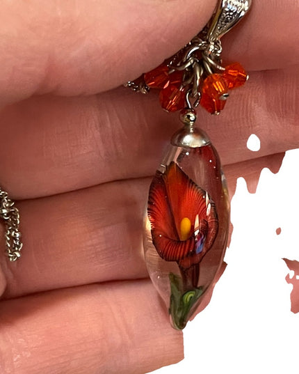 Vintage Murano Art glass Flower tear drop pendant necklace silver tone