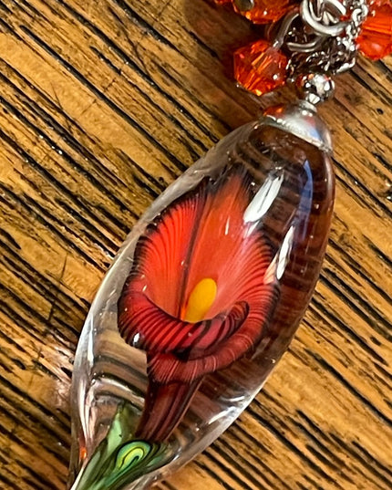 Vintage Murano Art glass Flower tear drop pendant necklace silver tone