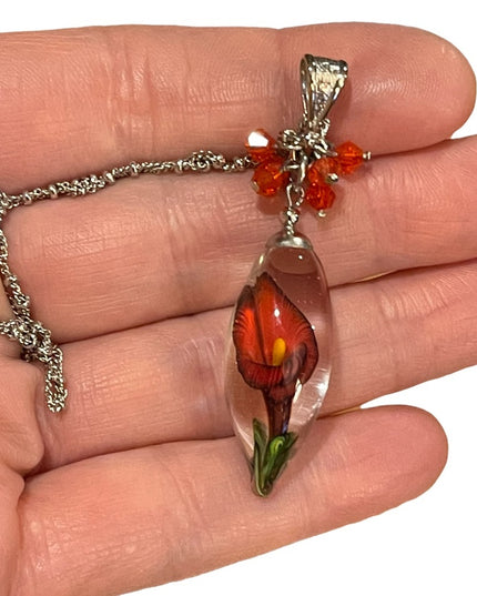 Vintage Murano Art glass Flower tear drop pendant necklace silver tone