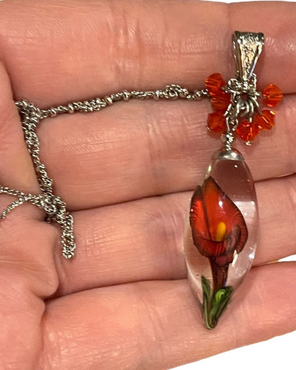 Vintage Murano Art glass Flower tear drop pendant necklace silver tone