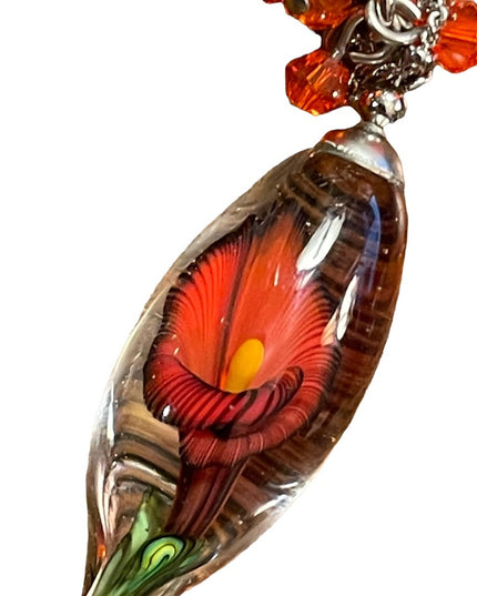 Vintage Murano Art glass Flower tear drop pendant necklace silver tone