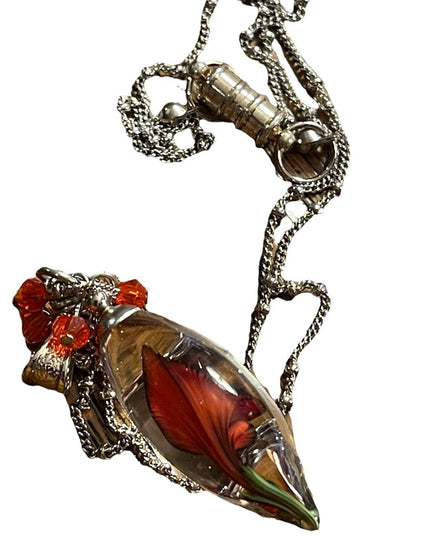Vintage Murano Art glass Flower tear drop pendant necklace silver tone