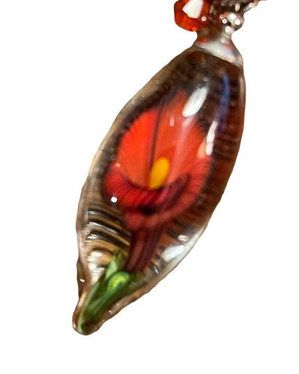 Vintage Murano Art glass Flower tear drop pendant necklace silver tone