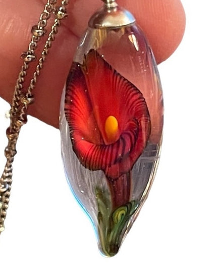 Vintage Murano Art glass Flower tear drop pendant necklace silver tone