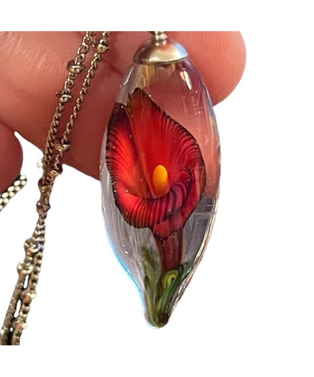 Vintage Murano Art glass Flower tear drop pendant necklace silver tone