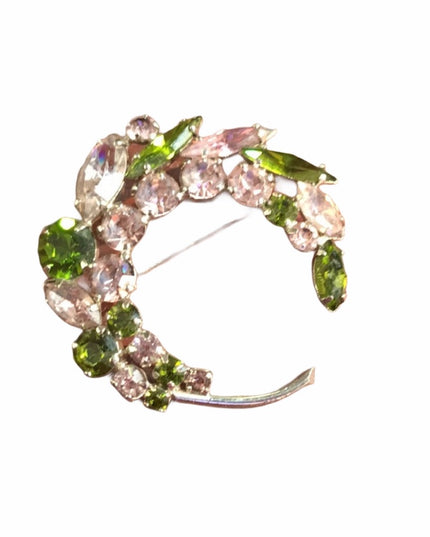 Vintage 1960s czech crystal swirl silver finish green clear sparkle brooch