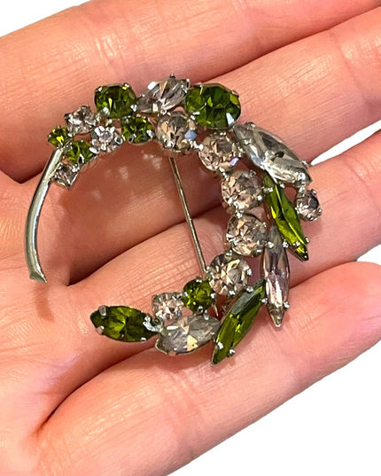 Vintage 1960s czech crystal swirl silver finish green clear sparkle brooch