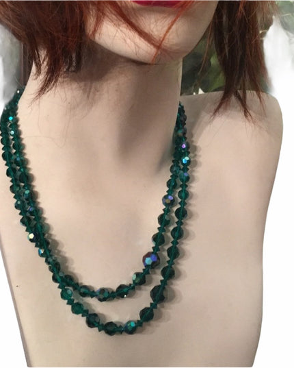 Sparkly 19” Vintage green AB 1960s glass crystal necklace double strand
