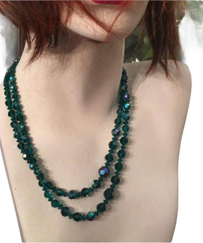 Sparkly 19” Vintage green AB 1960s glass crystal necklace double strand