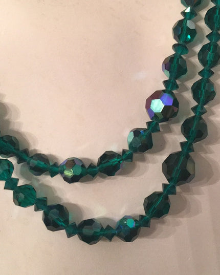Sparkly 19” Vintage green AB 1960s glass crystal necklace double strand