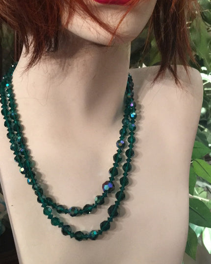 Sparkly 19” Vintage green AB 1960s glass crystal necklace double strand