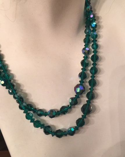Sparkly 19” Vintage green AB 1960s glass crystal necklace double strand