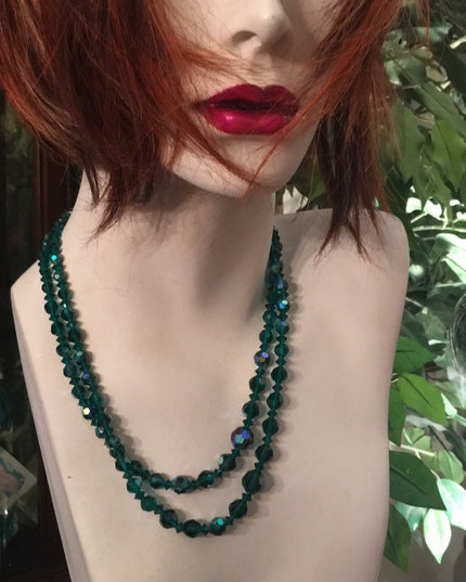 Sparkly 19” Vintage green AB 1960s glass crystal necklace double strand